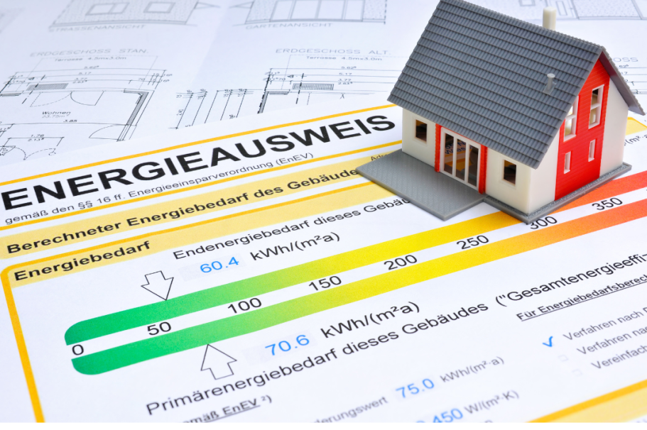 Energieausweis Darstellung eines Energieausweises als Grundlage für ein Einfamilienhaus.